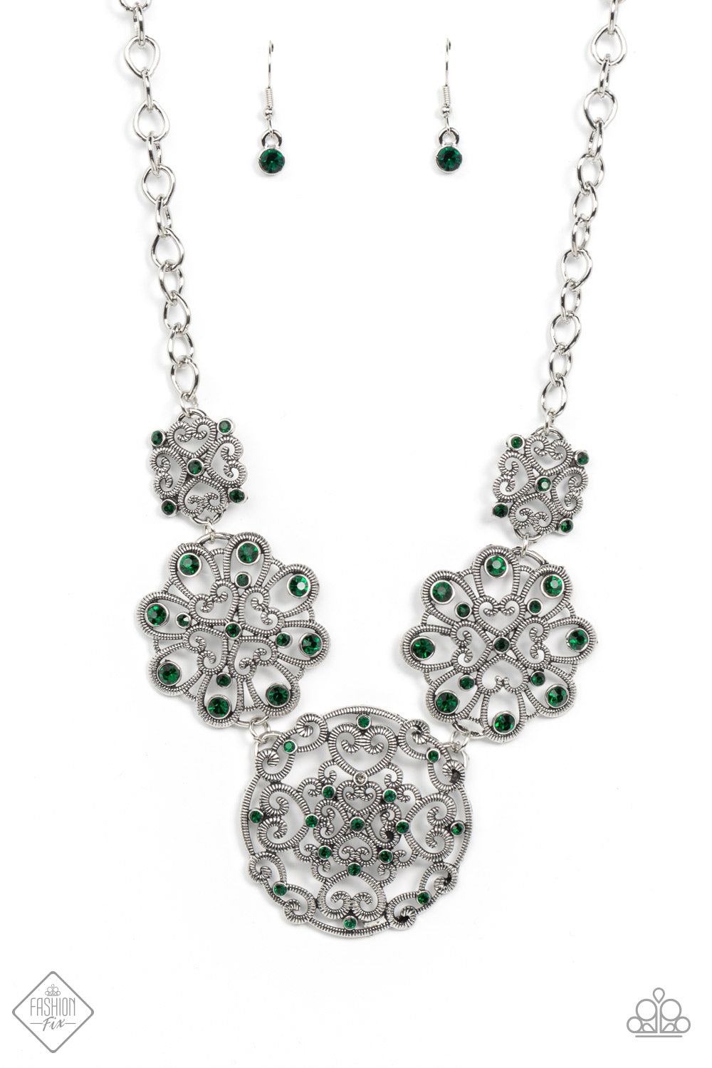 Royally Romantic - Green Rhinestone Filigree Heart Necklace December 2021 Fashion Fix Paparazzi N0517