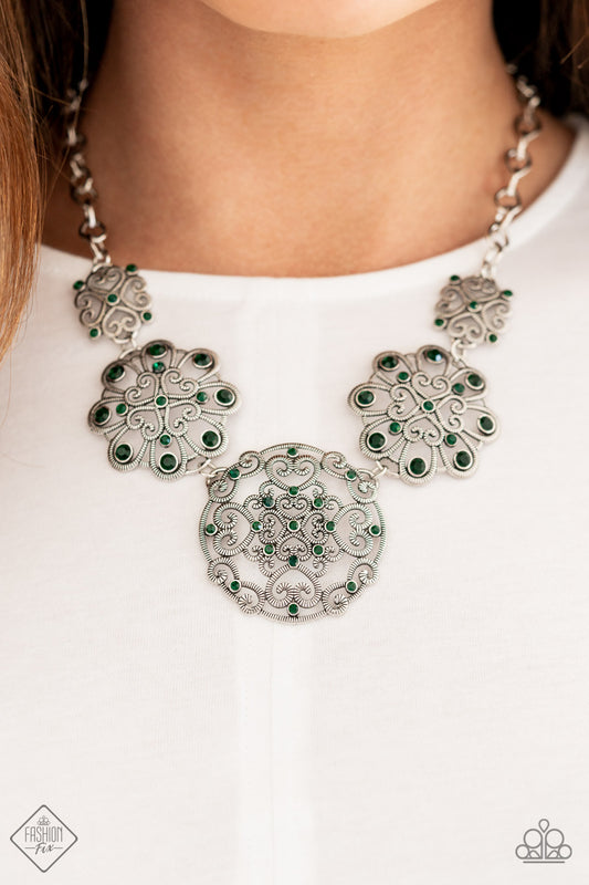 Royally Romantic - Green Rhinestone Filigree Heart Necklace December 2021 Fashion Fix Paparazzi N0517