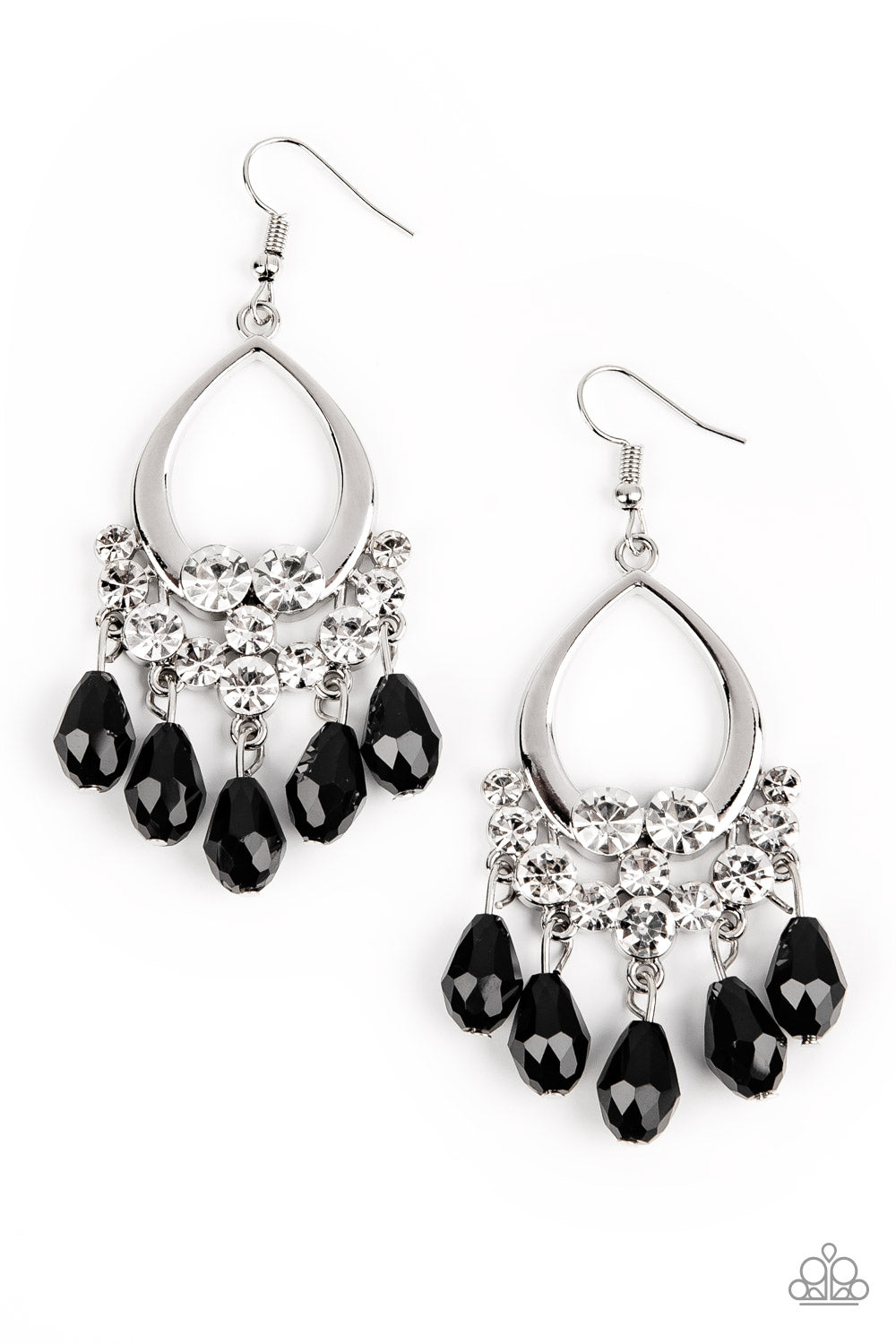 Famous Fashionista - Black Teardrop And White Rhinestone Earring Paparazzi E0503