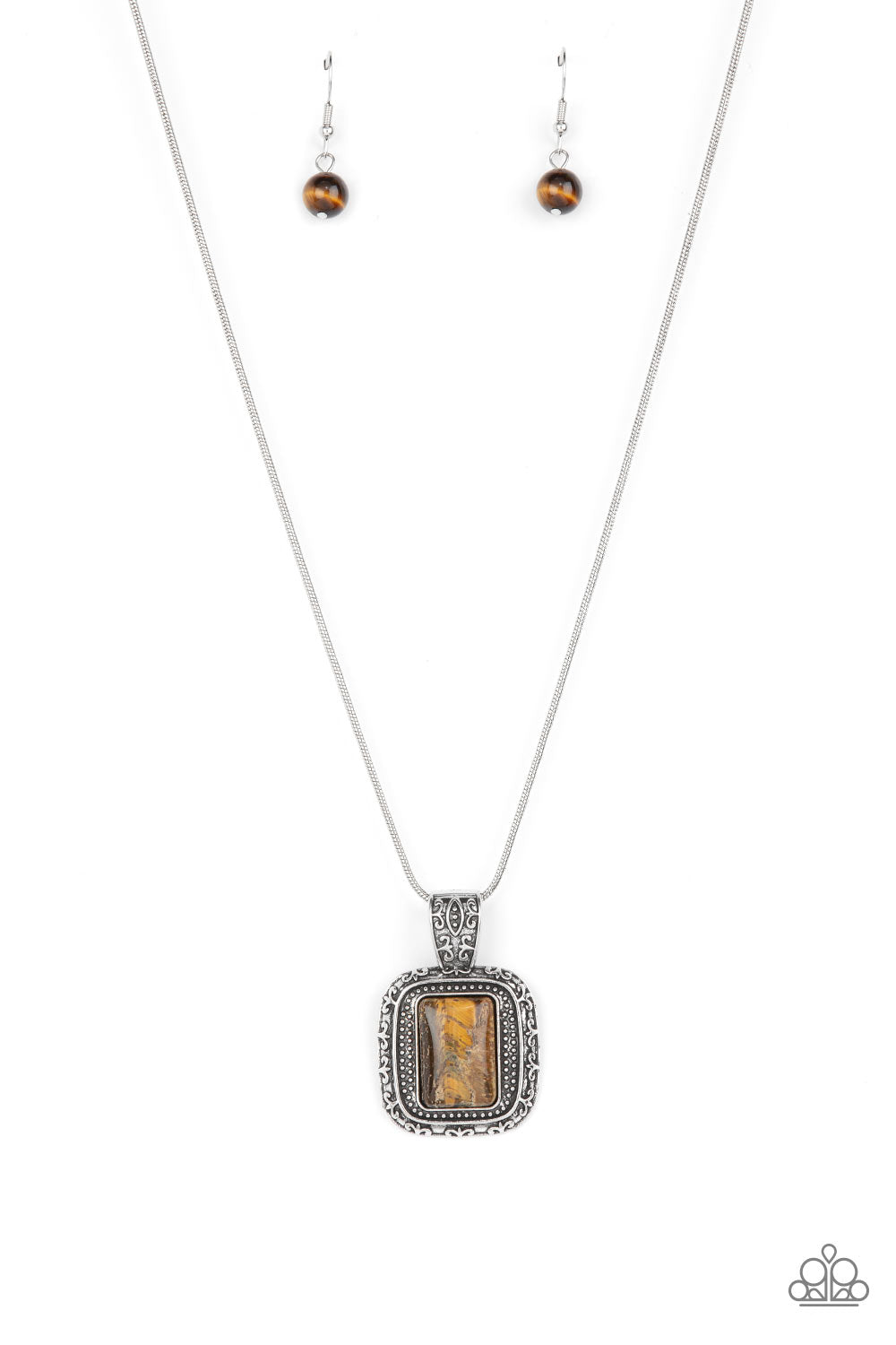 Right Hand TALISMAN - Brown Tiger's Eye Stone Silver Frame Necklace Paparazzi N1823