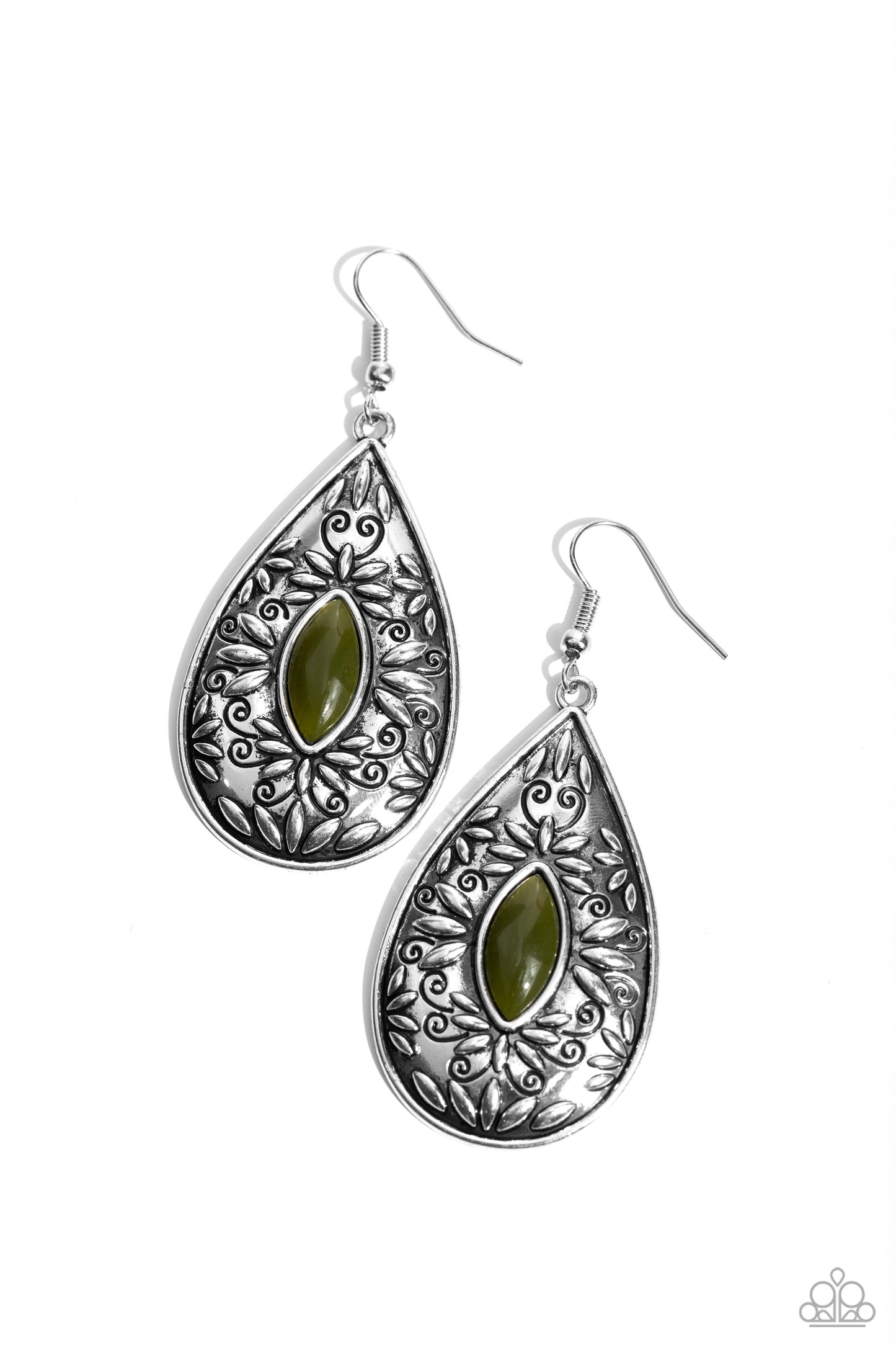 Two PERENNIALS in a Pod - Green Olive Branch Center Silver Santa Fe Style Earring Paparazzi E1412