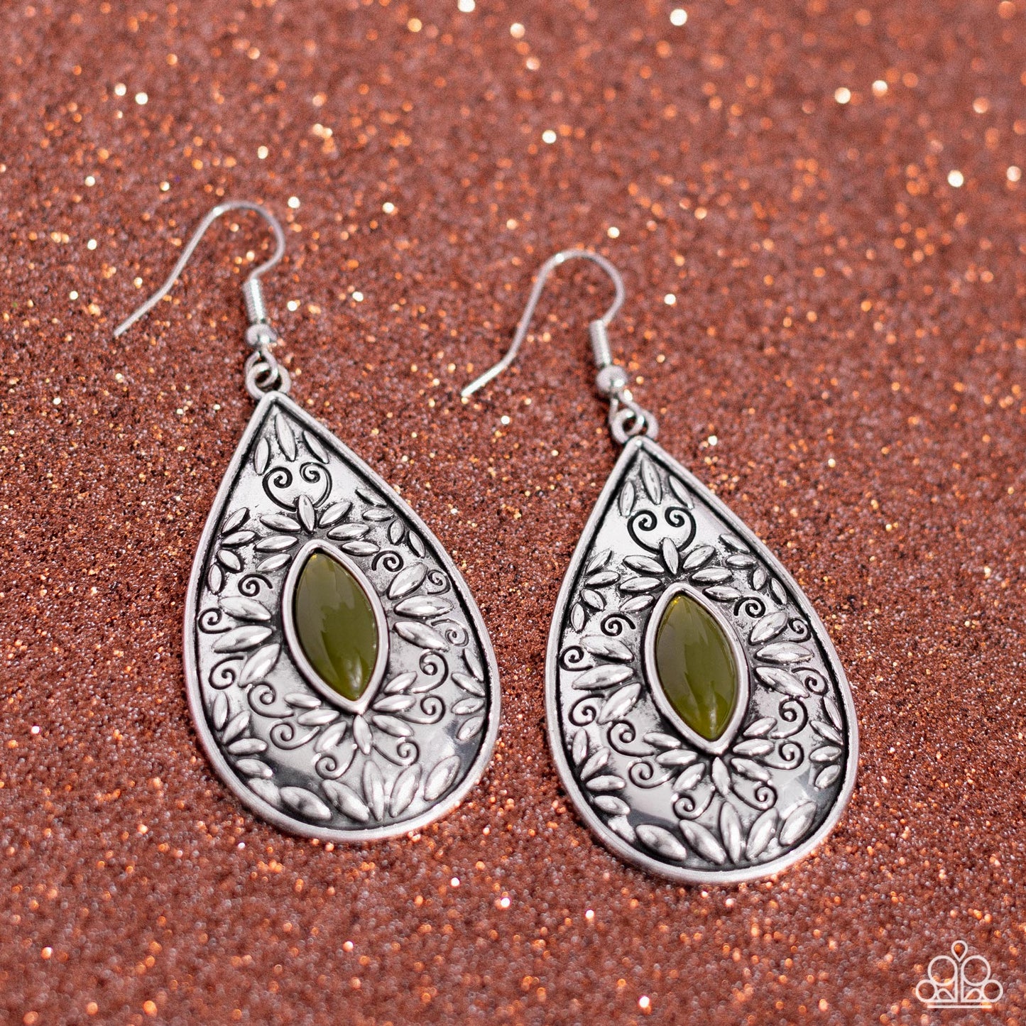 Two PERENNIALS in a Pod - Green Olive Branch Center Silver Santa Fe Style Earring Paparazzi E1412