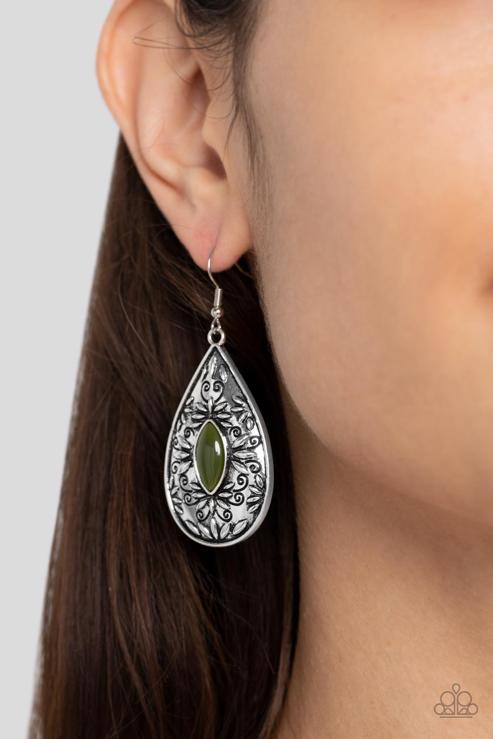 Two PERENNIALS in a Pod - Green Olive Branch Center Silver Santa Fe Style Earring Paparazzi E1412