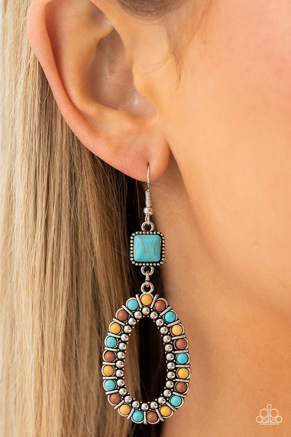 Napa Valley Luxe - Multi Turquoise Stone Brown, Yellow Earring Paparazzi E0862 Convention Exclusive