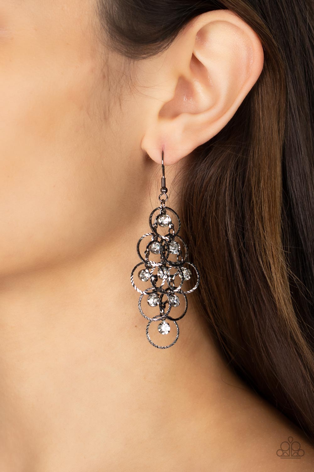 Head Rush - Black Circle, White Rhinestone Earring Paparazzi E0660