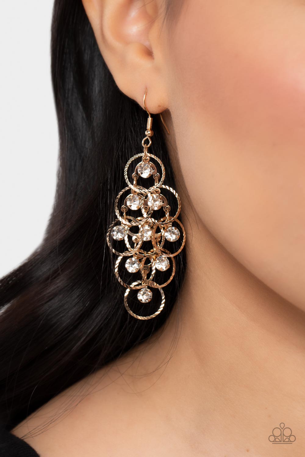 Head Rush - Gold Circle, White Rhinestone Earring Paparazzi E0721