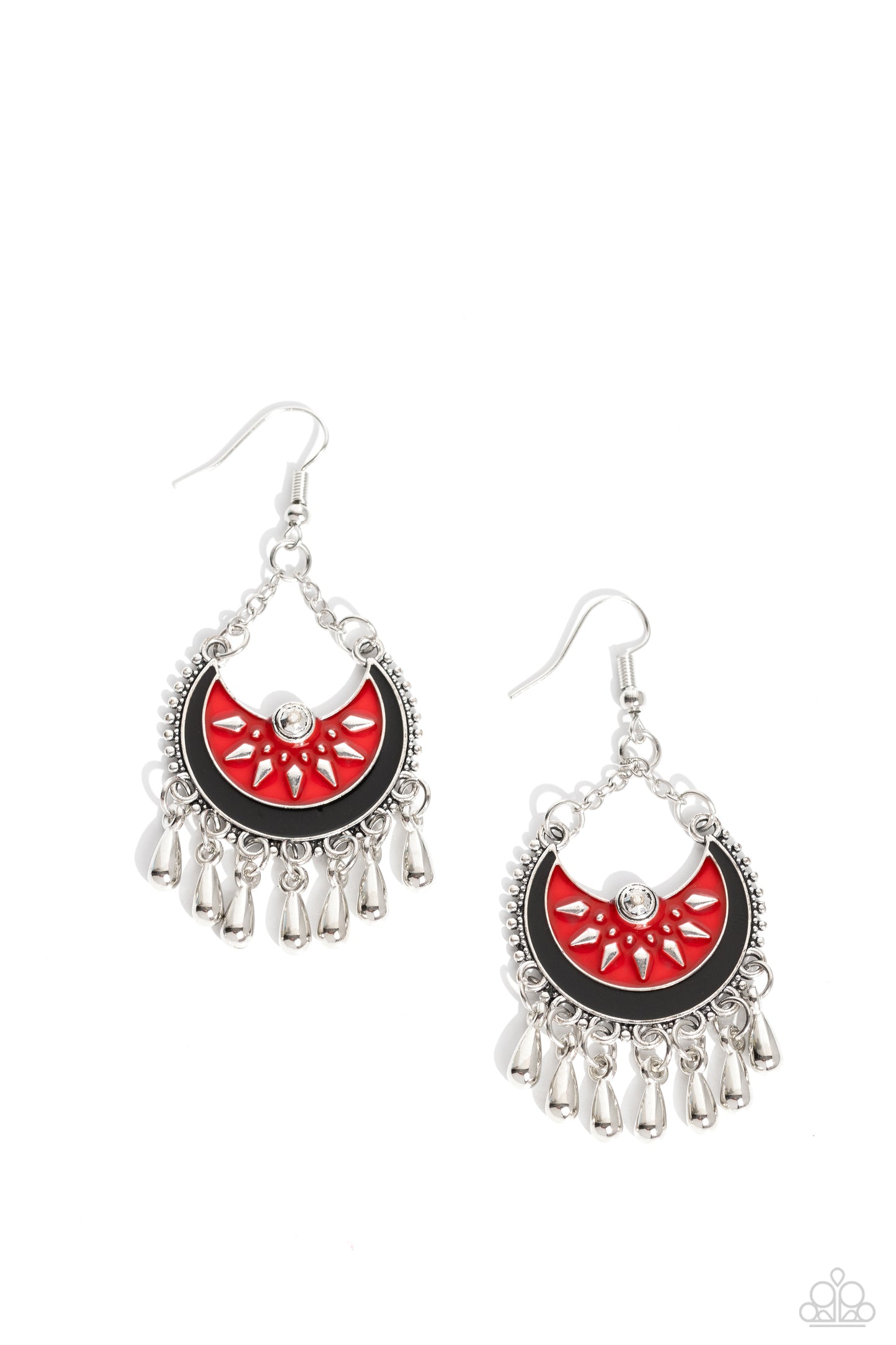 I Just Need CHIME - Red, Black Finish Silver Teardrop Bead Fringe Earring Paparazzi E1752