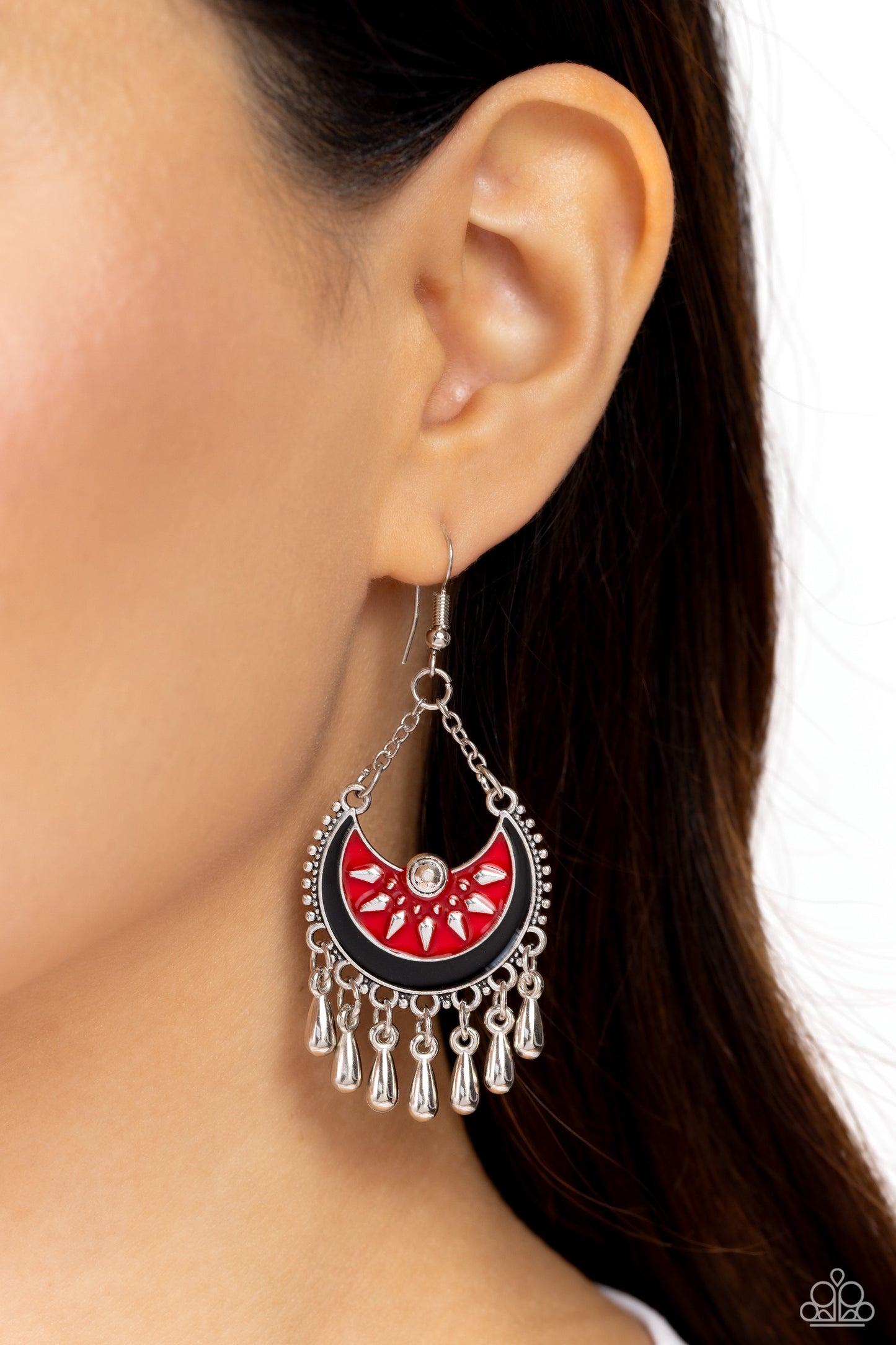 I Just Need CHIME - Red, Black Finish Silver Teardrop Bead Fringe Earring Paparazzi E1752