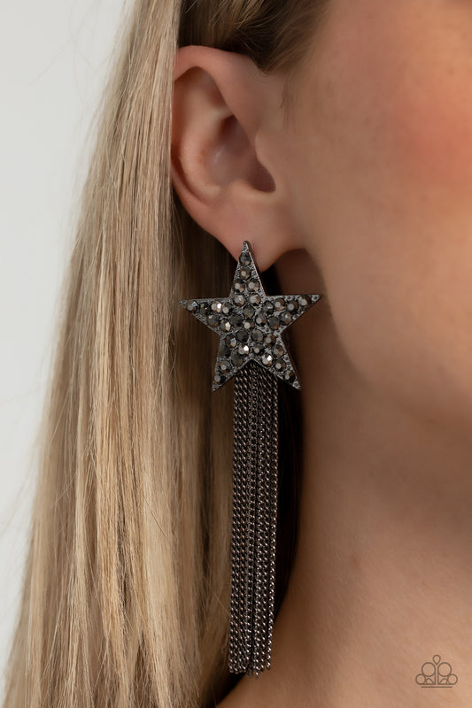 Superstar Solo - Black Gunmetal Hematite Star & Chain Post Earring Paparazzi E1276