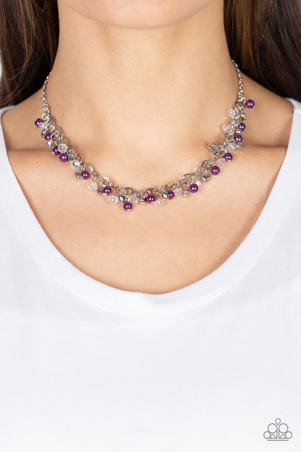 Soft-Hearted Shimmer - Purple Pearl White Crystal like Accent Necklace Paparazzi N1457