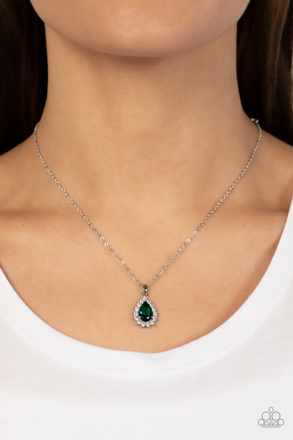 A Guiding SOCIALITE - Green Teardrop White Rhinestone Necklace Paparazzi N1297