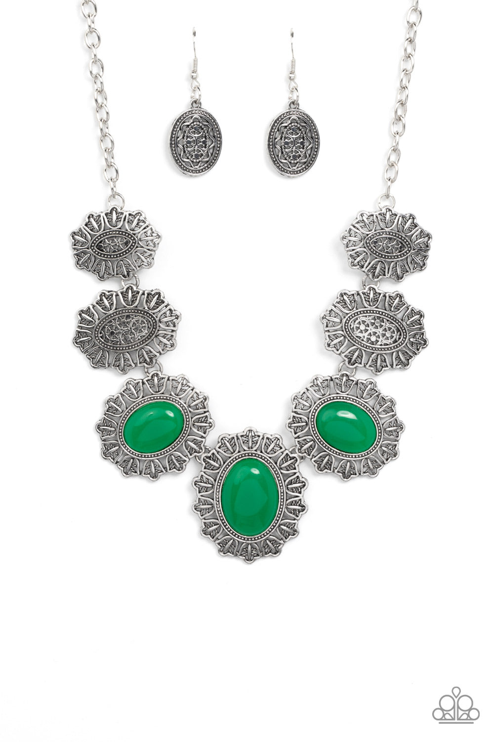 Forever and EVERGLADE - Green Oval Bead & Silver Filigree Necklace Paparazzi N1463