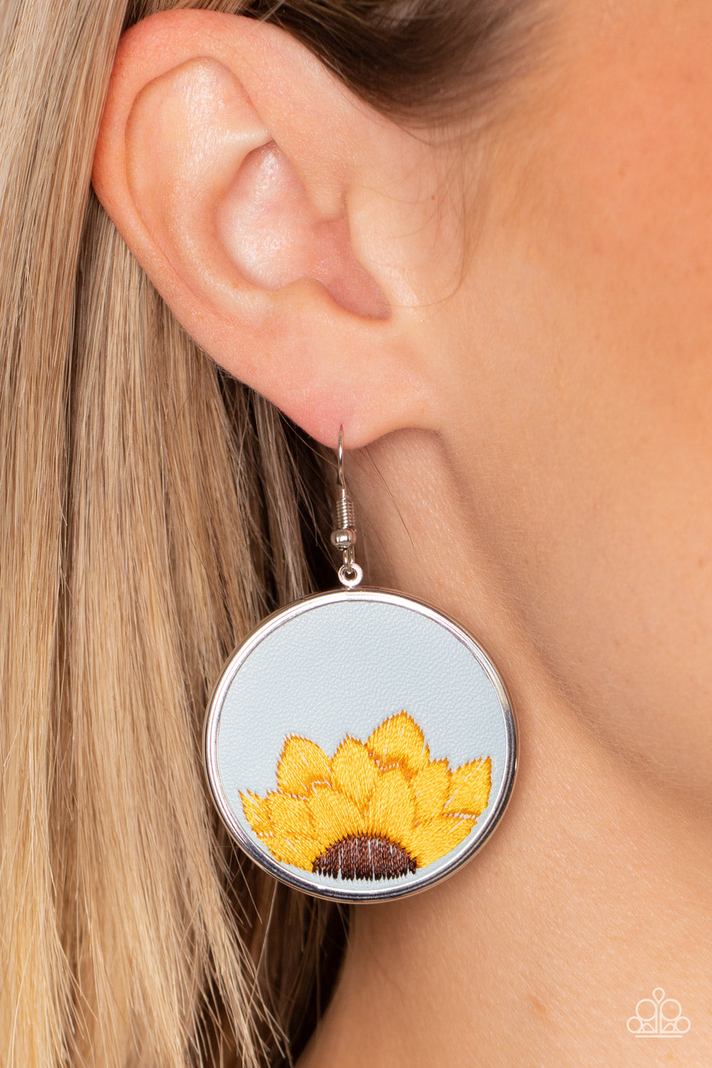 Sun-Kissed Sunflowers - Blue Sunflower Leather Earring Paparazzi E0489