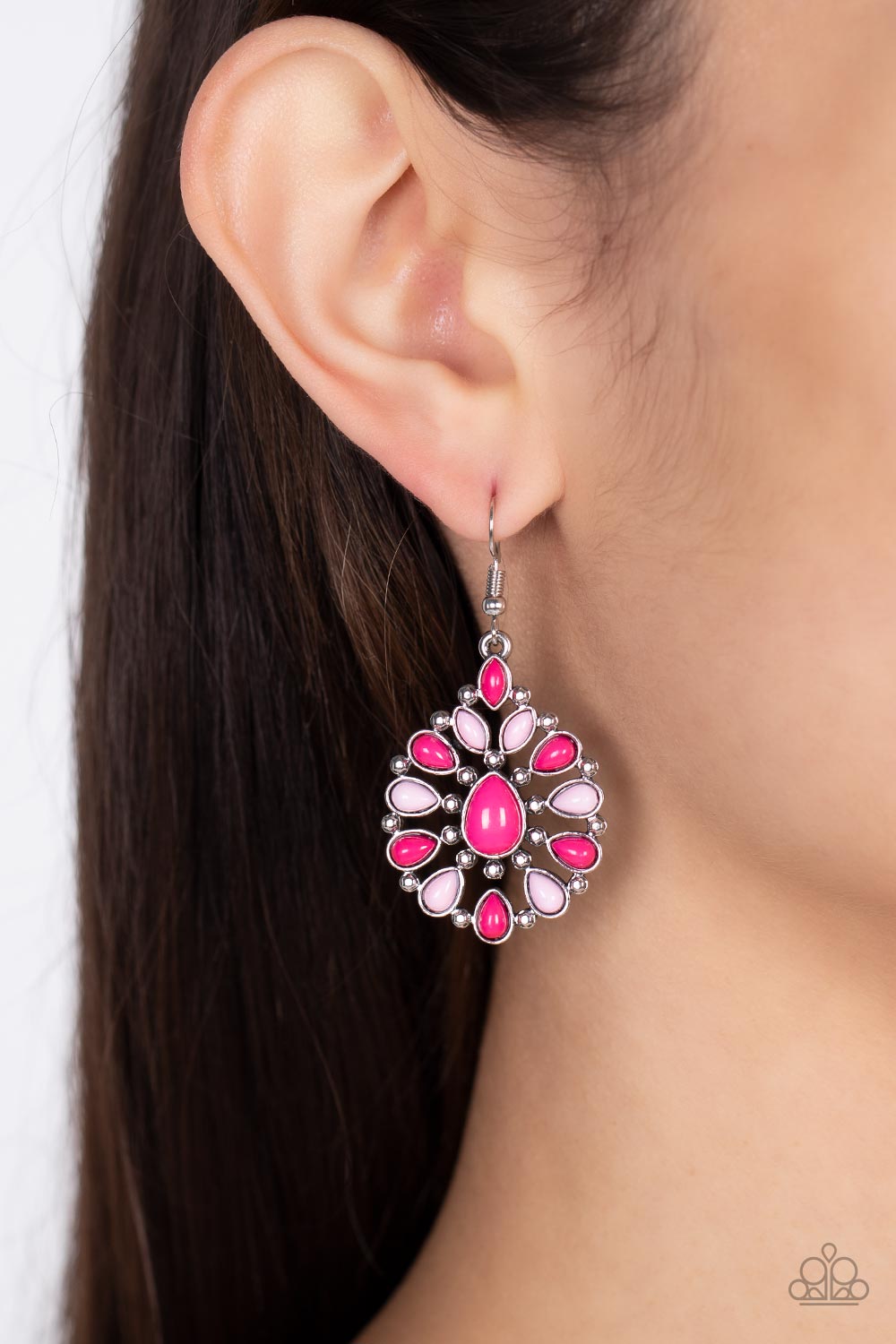 Lively Luncheon - Pink Pale Rosette & Bubbly Pink Bead Teardrop Earring E1059