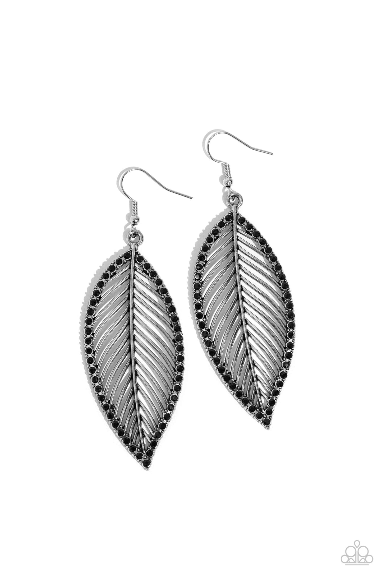 Canopy Cabaret - Black Rhinestone Silver Leaf Earring Paparazzi E1709