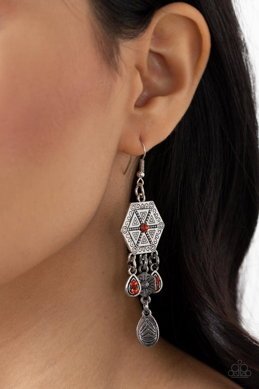 Dreamcatcher Delight - Orange Rhinestone Dreamcatcher Inspired Earring Paparazzi E1643