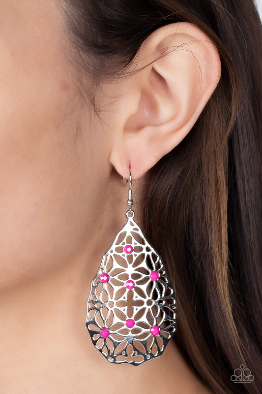 Delightfully Daisy - Pink Fuchsia Bead Floral Filigree Earring Paparazzi E1029