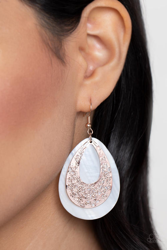 Bountiful Beaches - Rose Gold White shell like Teardrop Earring Paparazzi E0788