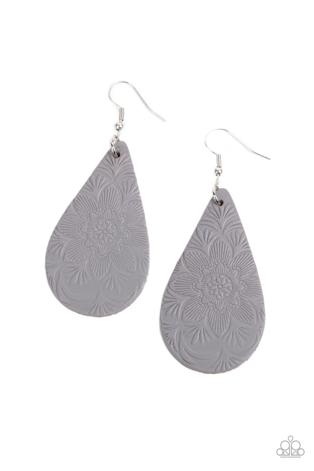 Subtropical Seasons - Silver Floral Leather Teardrop Earring Paparazzi E0604