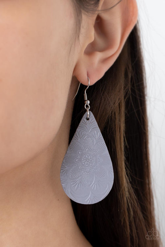 Subtropical Seasons - Silver Floral Leather Teardrop Earring Paparazzi E0604