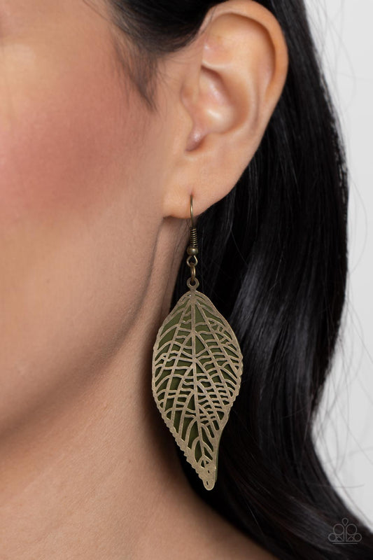 Leafy Luxury - Green Brass Earring Paparazzi E0475