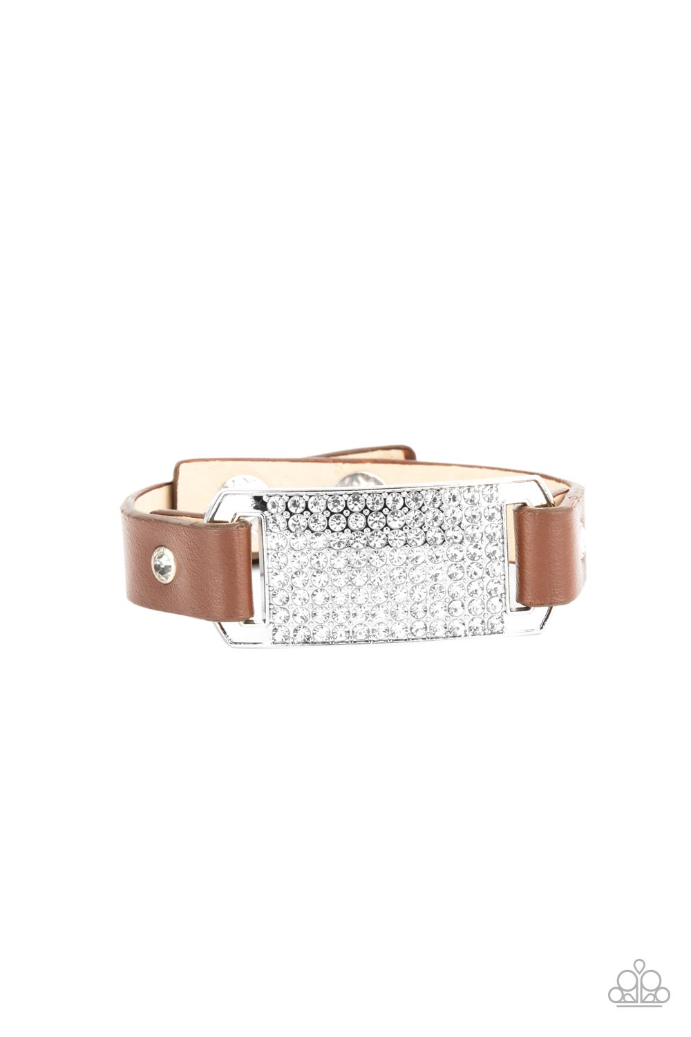 Urban Rivalry - Brown Leather White Rhinestone Bracelet Paparazzi B0480