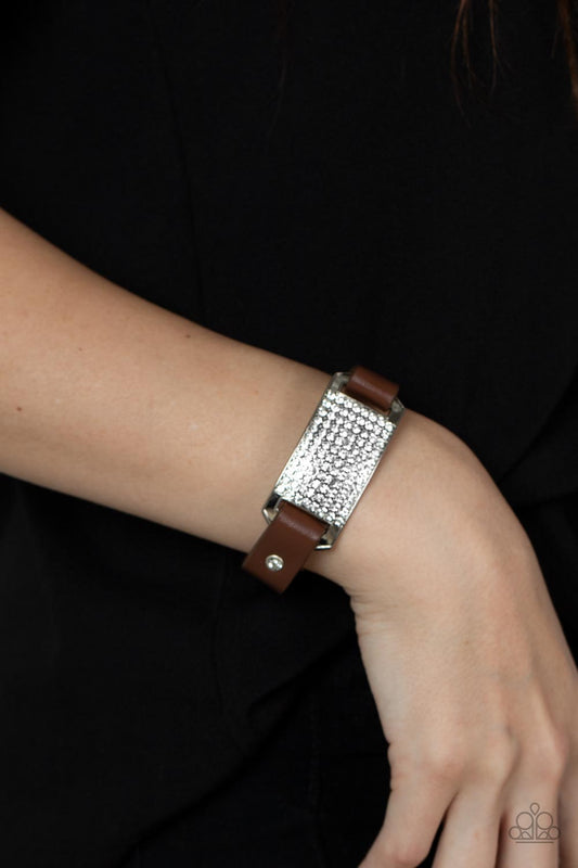 Urban Rivalry - Brown Leather White Rhinestone Bracelet Paparazzi B0480