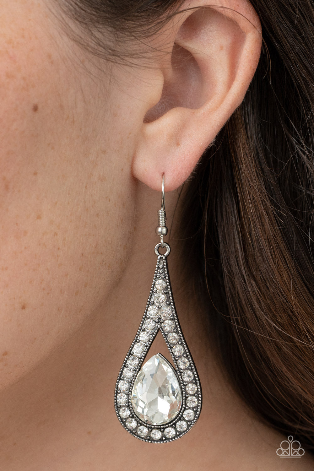 A-Lister Attitude - White Teardrop Rhinestone Earring Paparazzi E0583