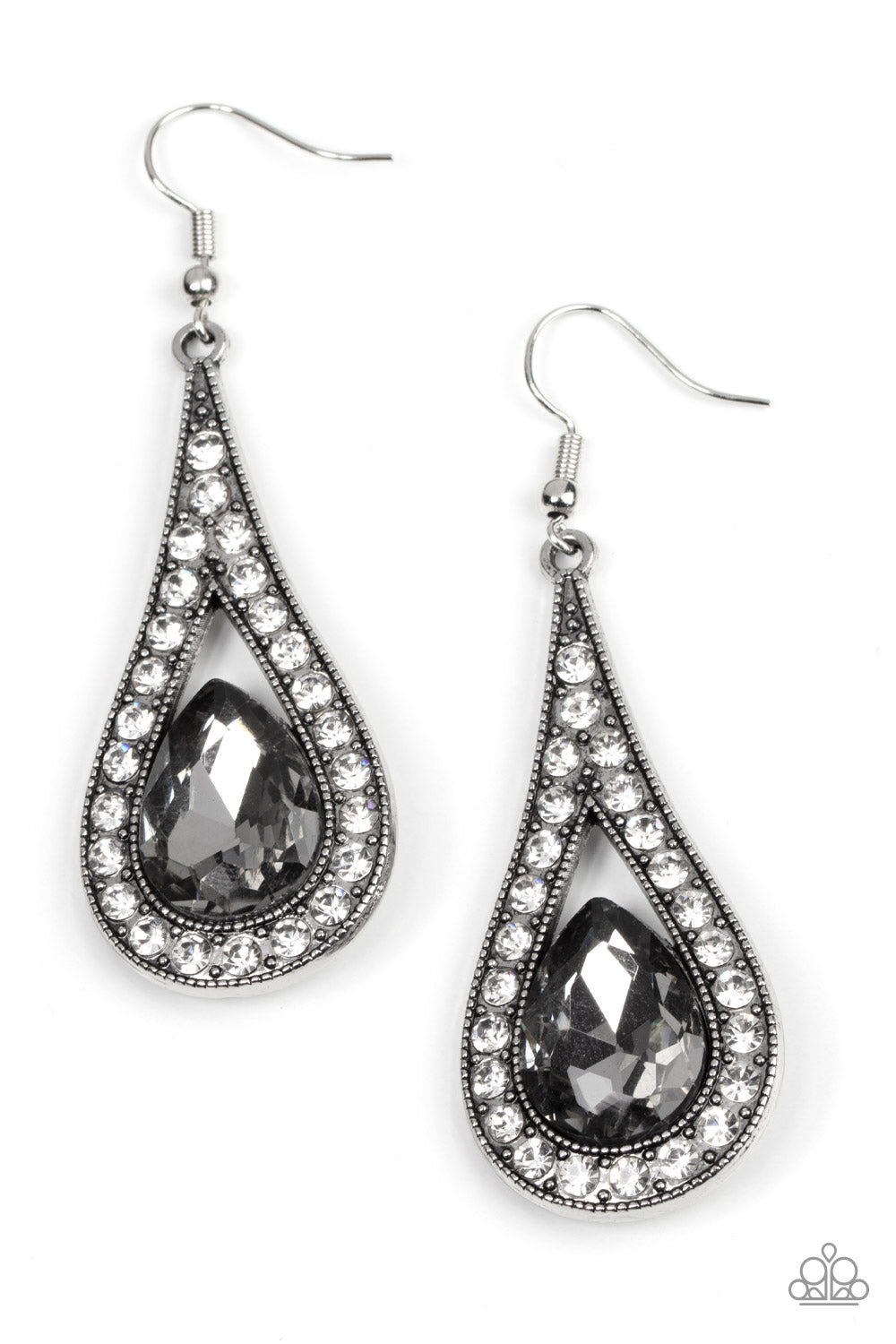 A-Lister Attitude - Silver Smoky Teardrop Gem White Rhinestone Earring Paparazzi E1392