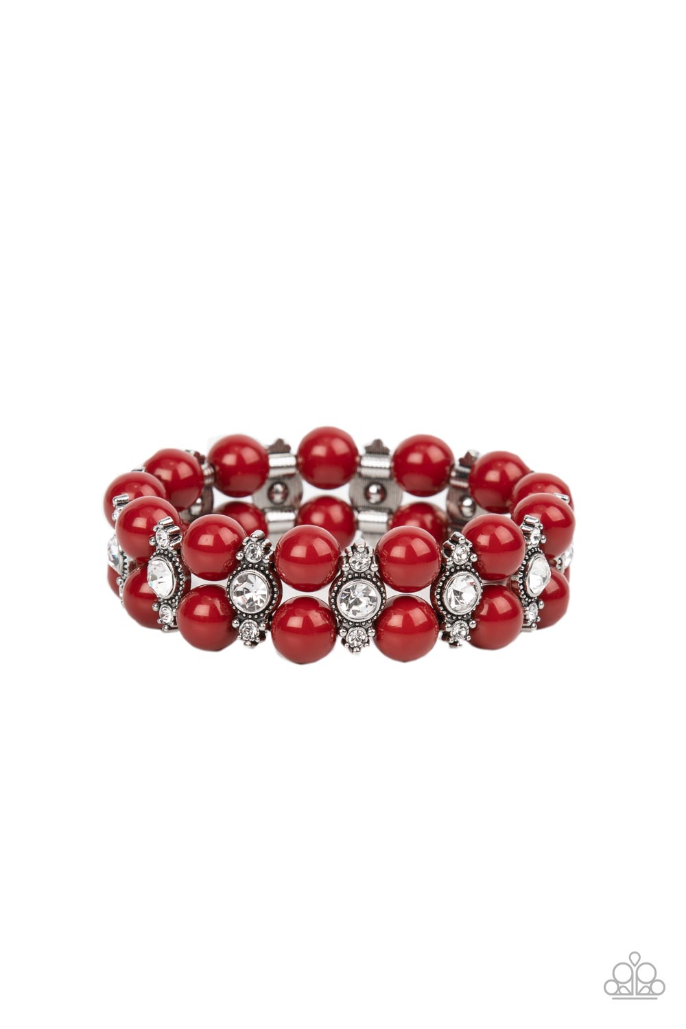 Starlight Reflection - Red Fire Whirl Bead White Rhinestone Stretch Bracelet Paparazzi B0677