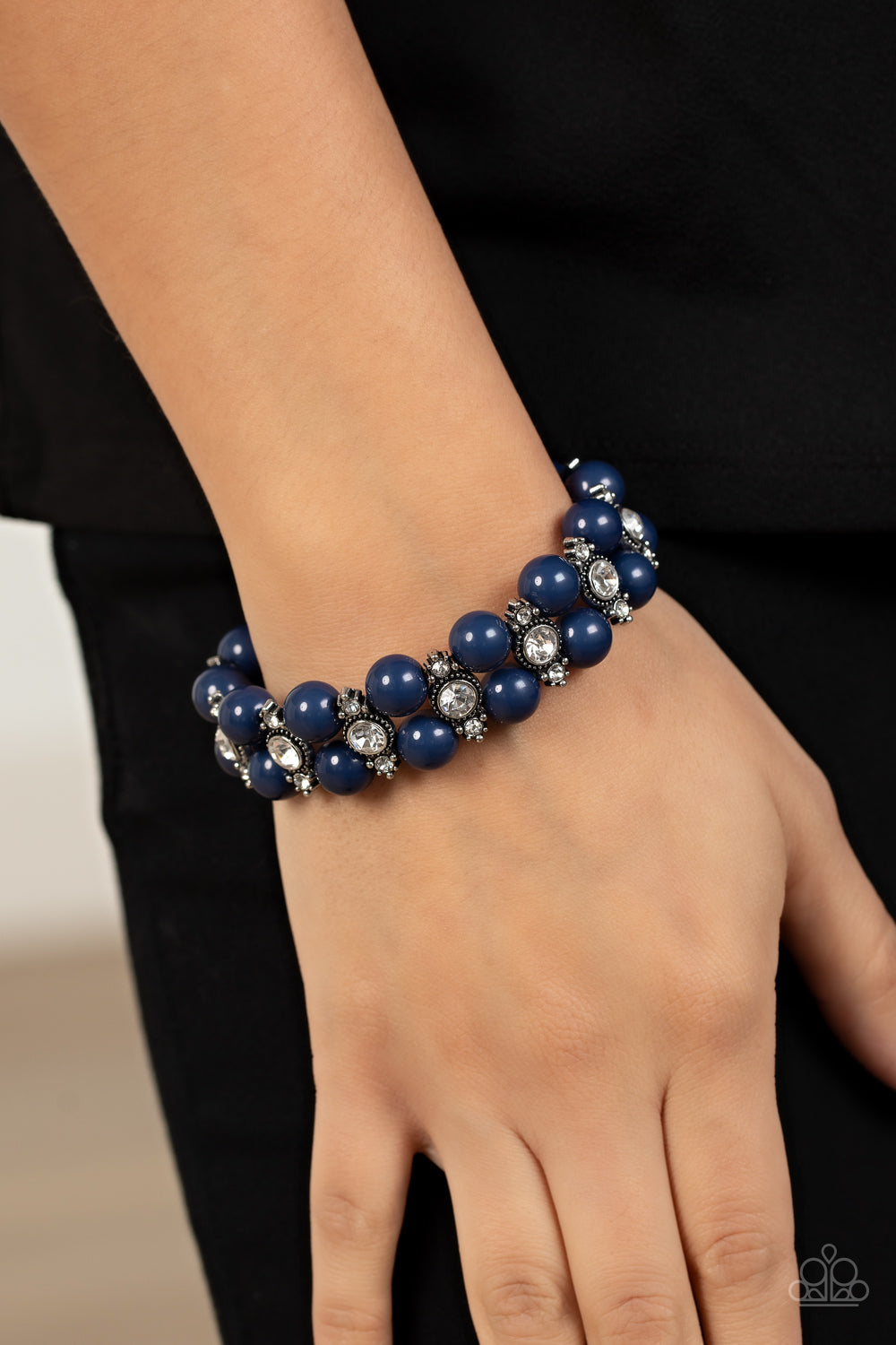 Starlight Reflection - Blue Bead & White Rhinestone Stretch Bracelet Paparazzi B0803