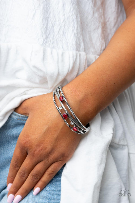 Bonus Bling - Red Rhinestone, White Teardrop Gem Hinge Bracelet Paparazzi B1295