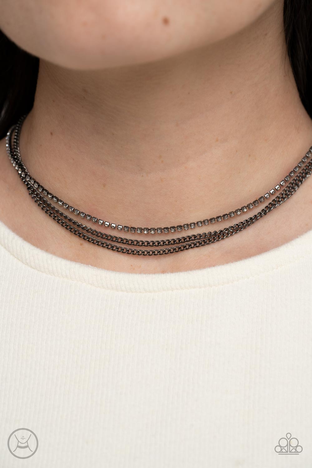 Glitzy Gusto - Black Gunmetal Chain White Rhinestone Choker Necklace Paparazzi N1864