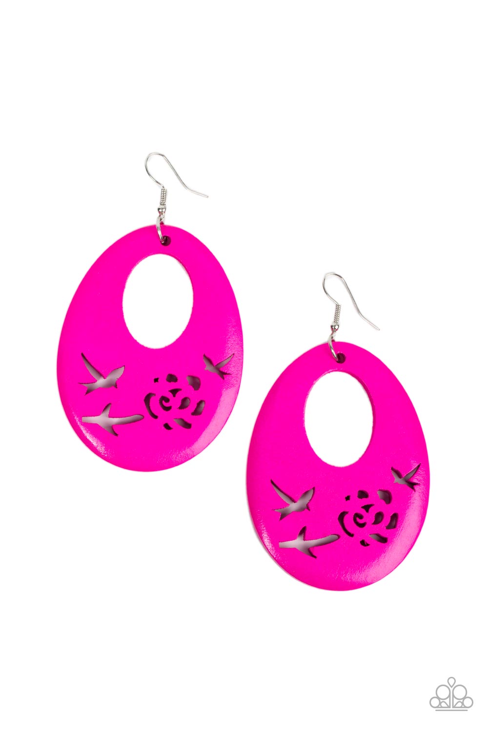 Home TWEET Home - Pink Fuchsia Wooden Teardrop Bird Floral Earring Paparazzi E0800