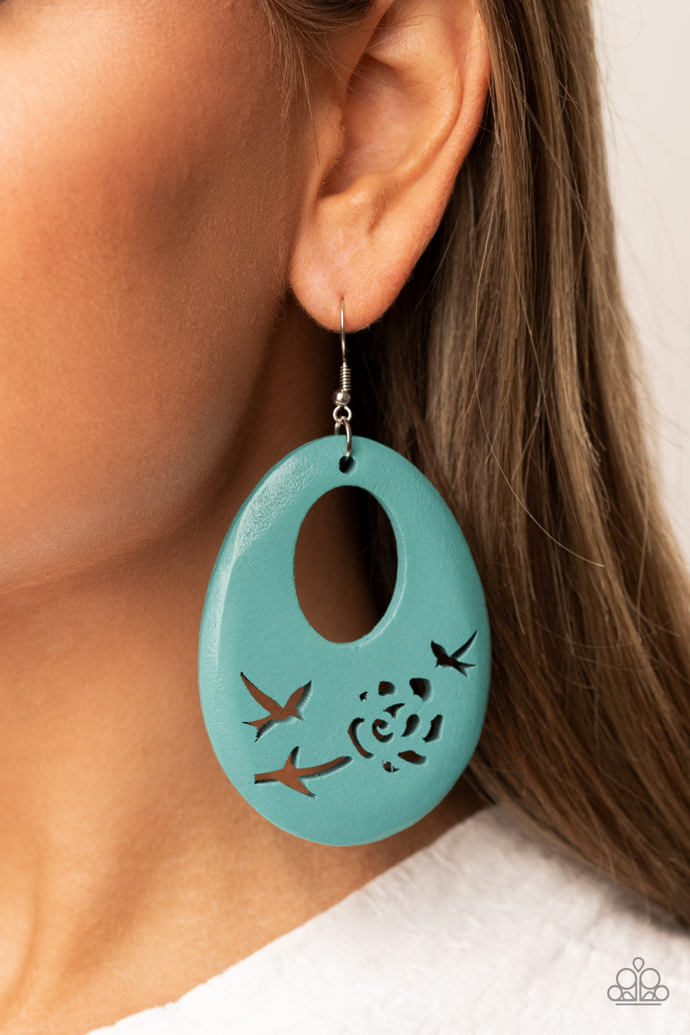 Home TWEET Home - Blue Wooden Bird And Floral Teardrop Earring Paparazzi E0720