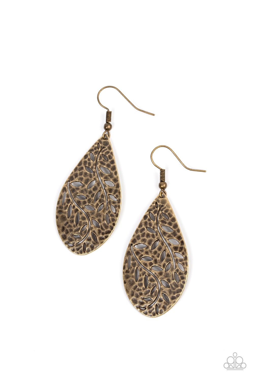 Vineyard Vanity - Brass Teardrop Leafy Pattern Earring Paparazzi E0859