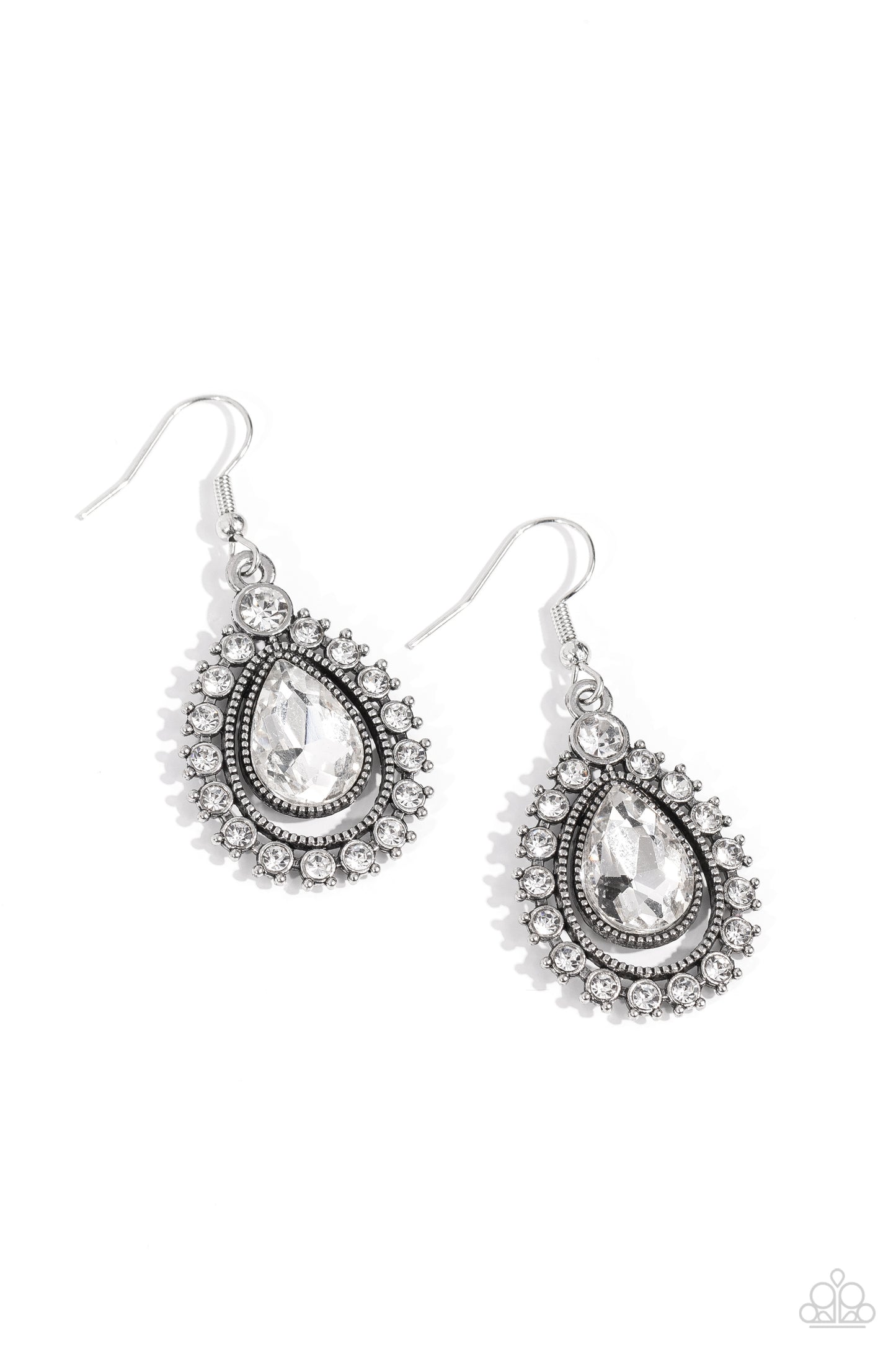 Divinely Duchess - White Teardrop Gem Silver Teardrop Earring Paparazzi E1885