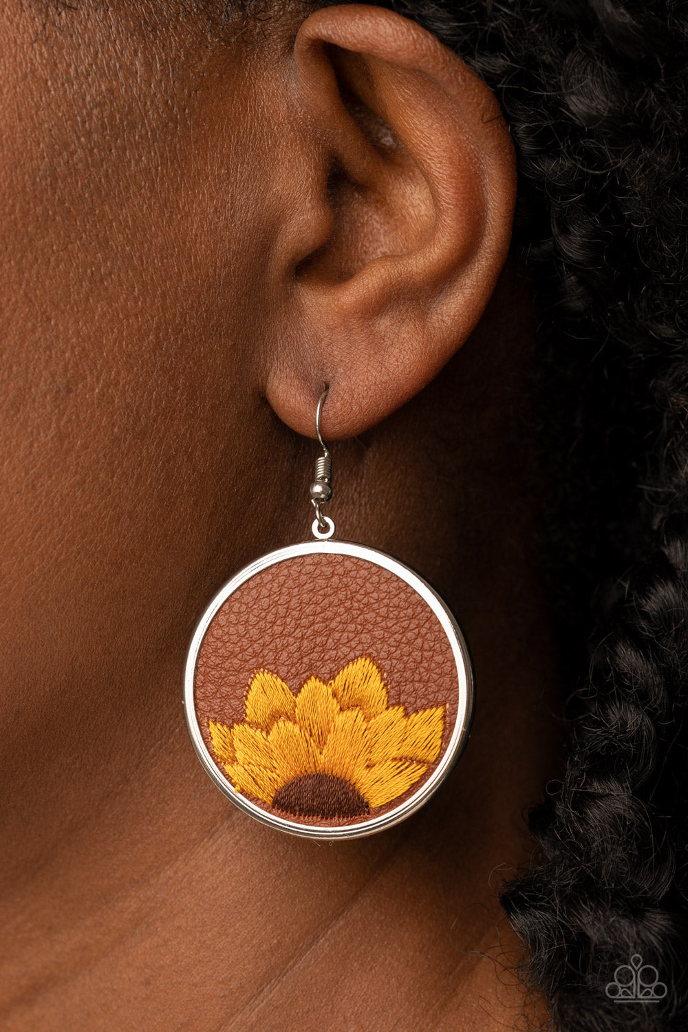 Sun-Kissed Sunflowers - Brown Sunflower Leather Earring Paparazzi E0302