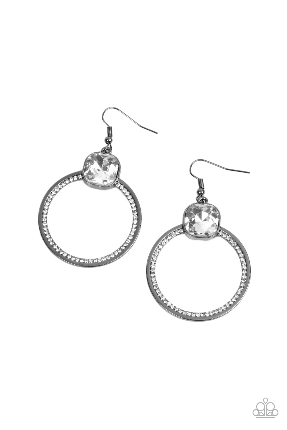 Cheers to Happily Ever After - Black Gunmetal Hoop, White Gem And Rhinestone Earring Paparazzi E0848