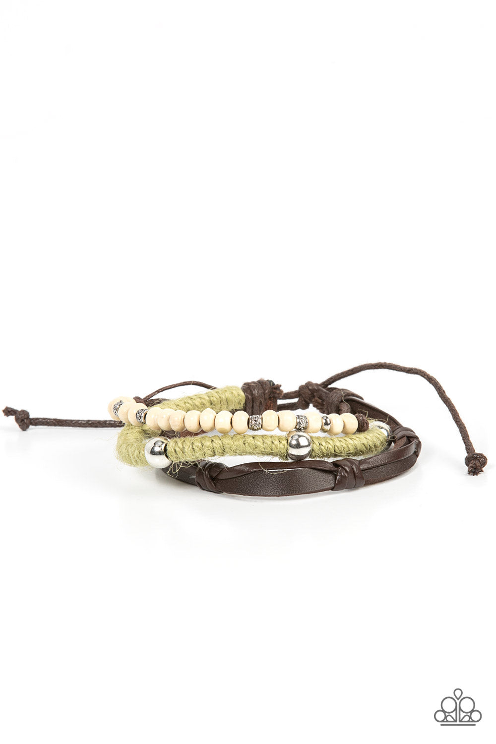 Timber Trail - Green Twine Brown Leather Urban Sliding Knot Bracelet Paparazzi