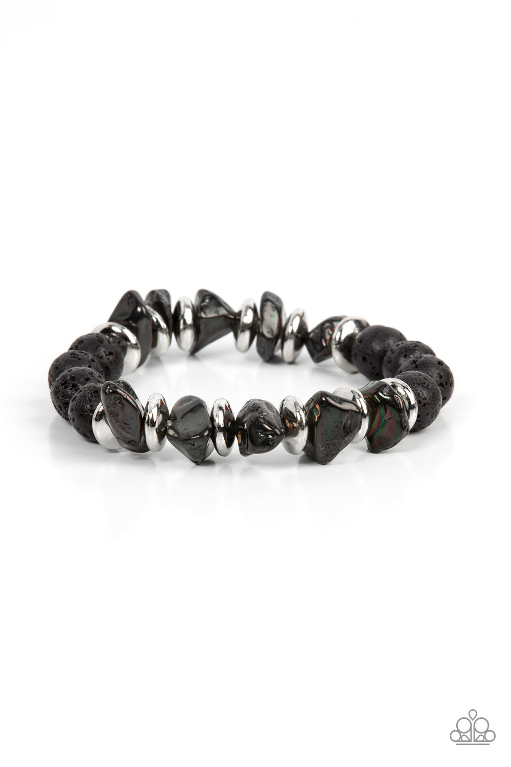 Volcanic Vacay - Silver Disc Black Oil Spill Lava Rock Bracelet Paparazzi B0545