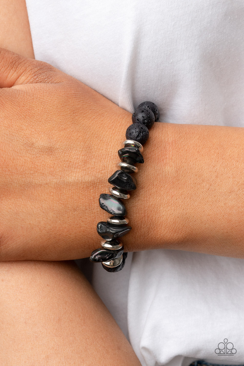 Volcanic Vacay - Silver Disc Black Oil Spill Lava Rock Bracelet Paparazzi B0545