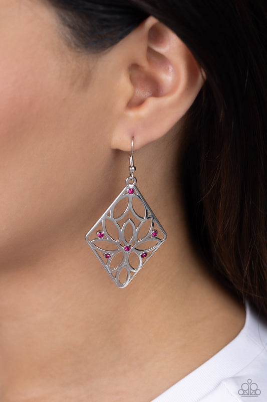 Pumped Up Posies - Pink Rhinestone Flower Silver Earring Paparazzi E1610