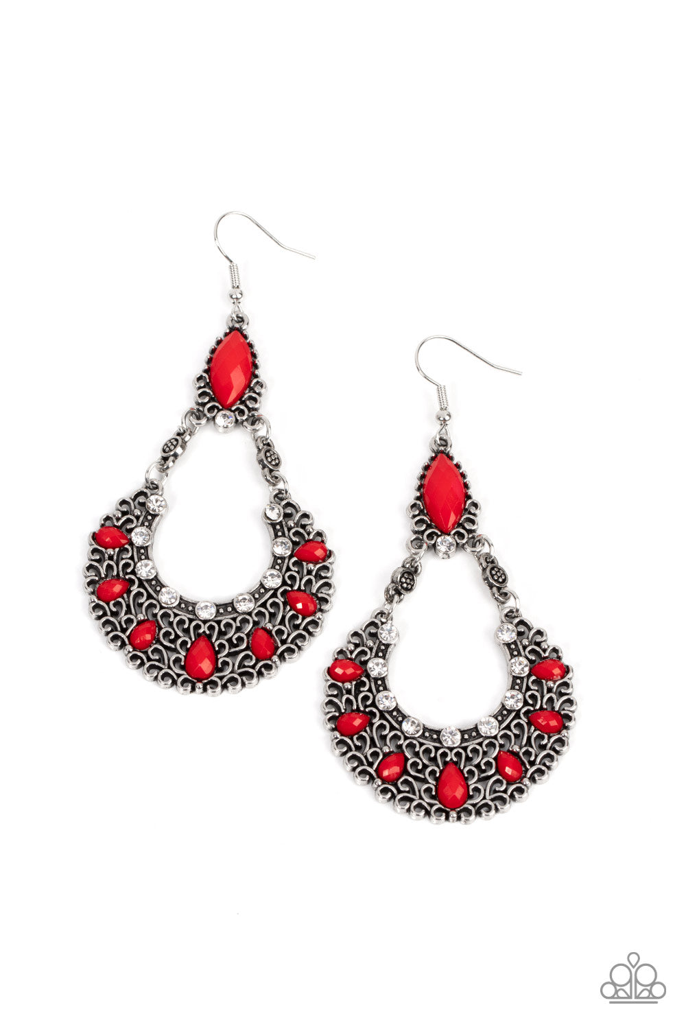 Fluent in Florals - Red Bead Filigree White Rhinestone Earring Paparazzi E0526