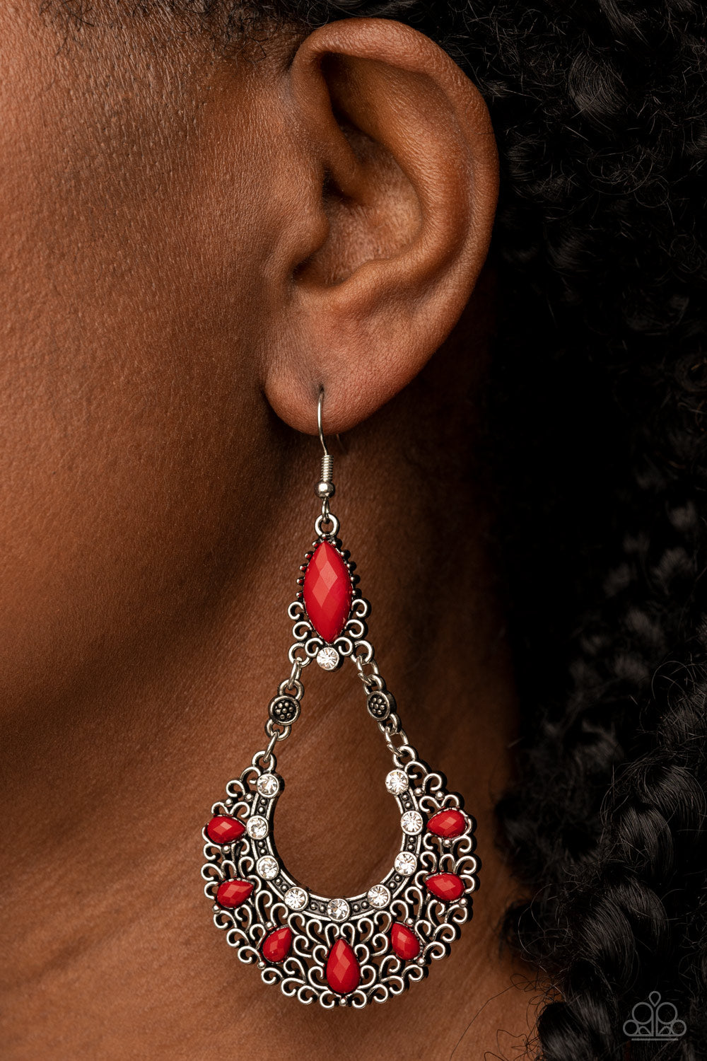 Fluent in Florals - Red Bead Filigree White Rhinestone Earring Paparazzi E0526