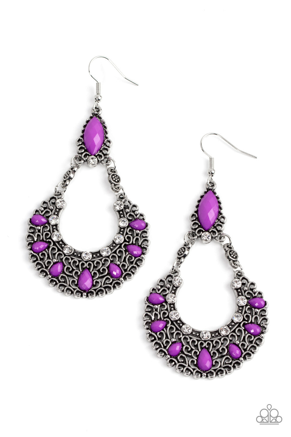 Fluent in Florals - Purple Bead White Rhinestone filigree Earring Paparazzi E0846