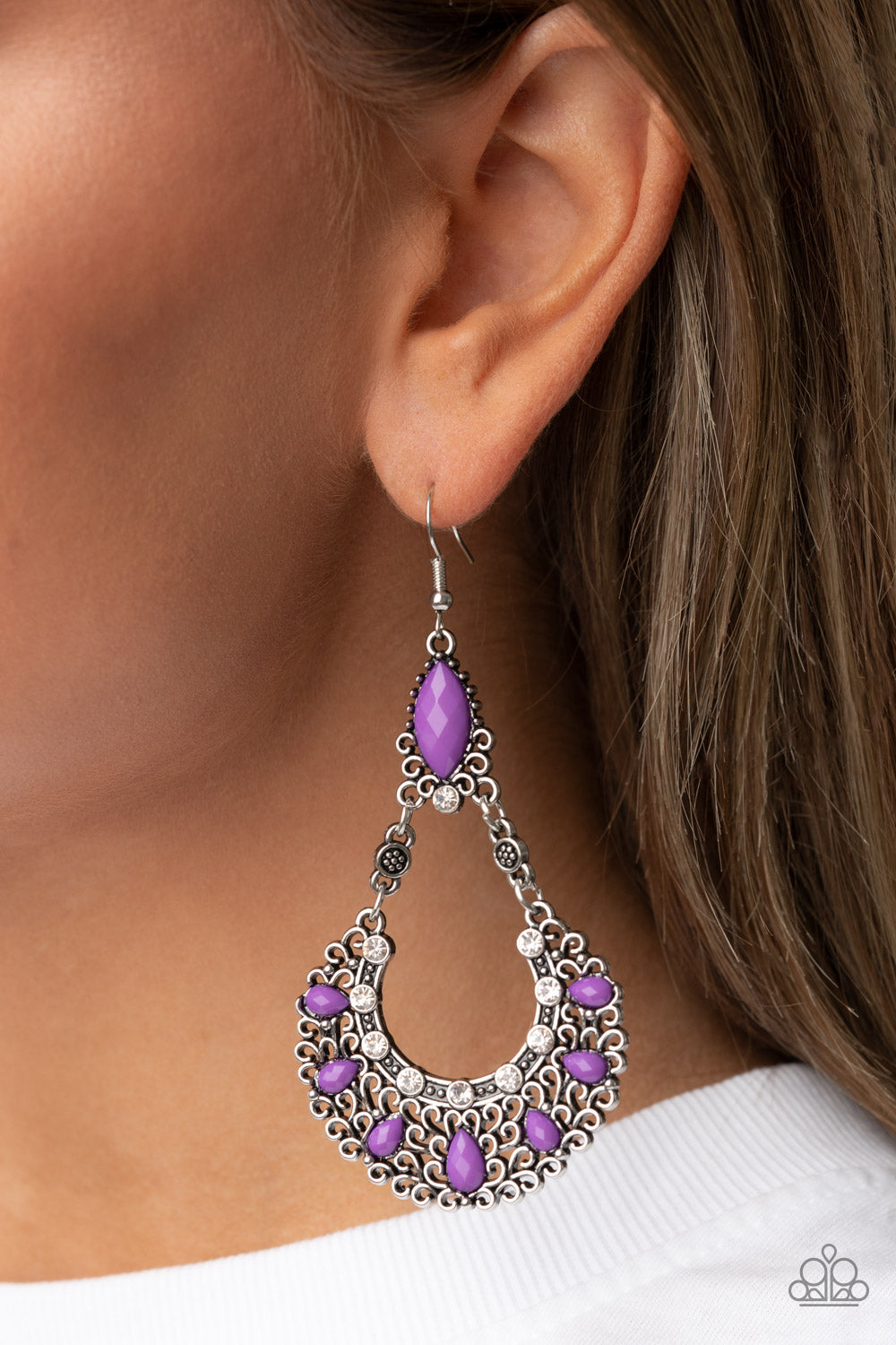 Fluent in Florals - Purple Bead White Rhinestone filigree Earring Paparazzi E0846