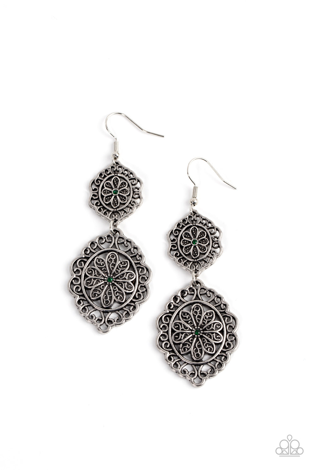 Floral Favorite - Green Rhinestone Filigree Flower Earring E1555