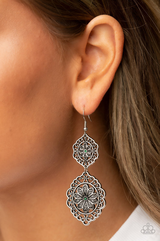 Floral Favorite - Green Rhinestone Filigree Flower Earring E1555