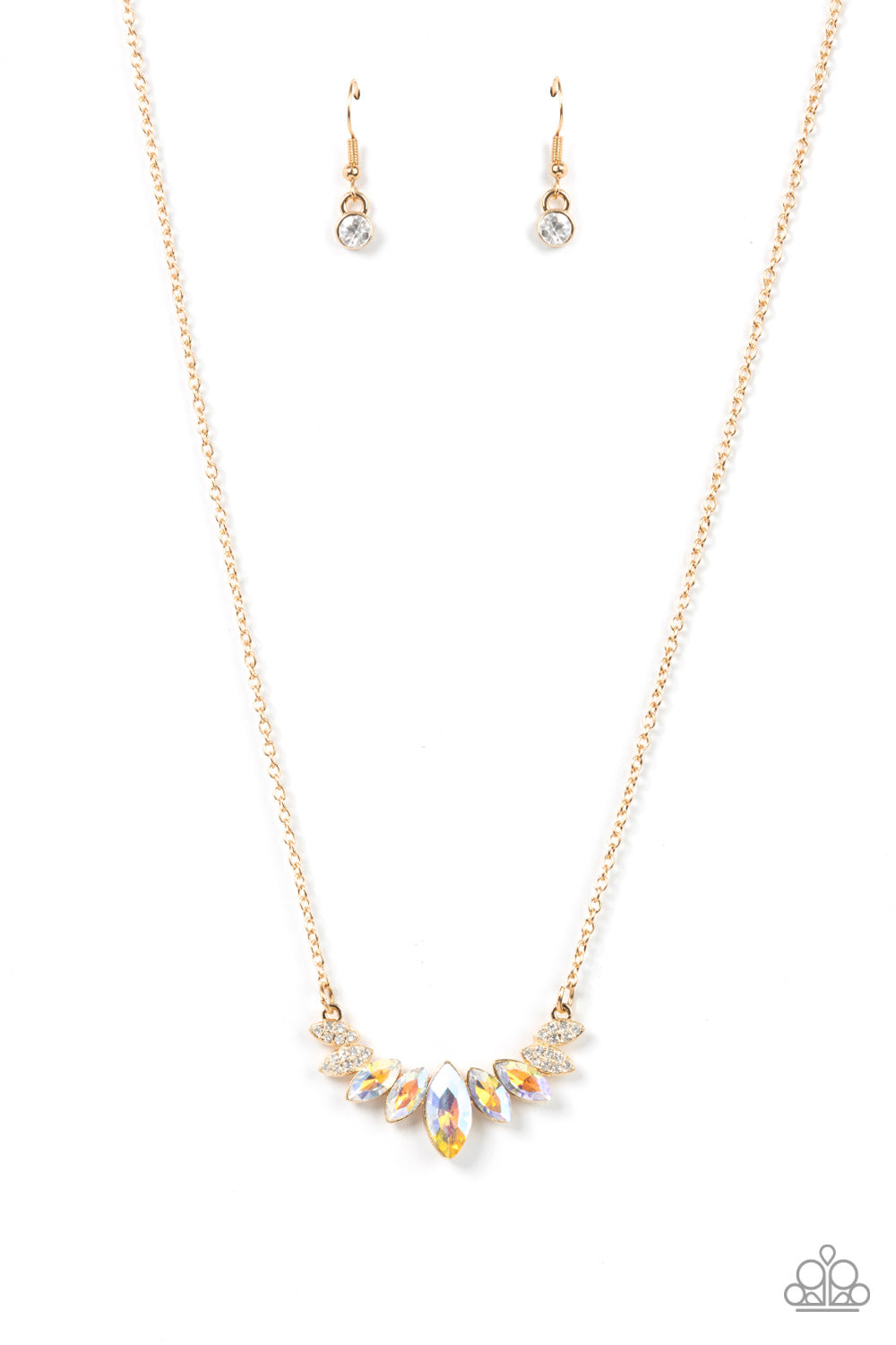 One Empire at a Time - Gold Chain White Iridescent Marquise Rhinestone Necklace Paparazzi N1609